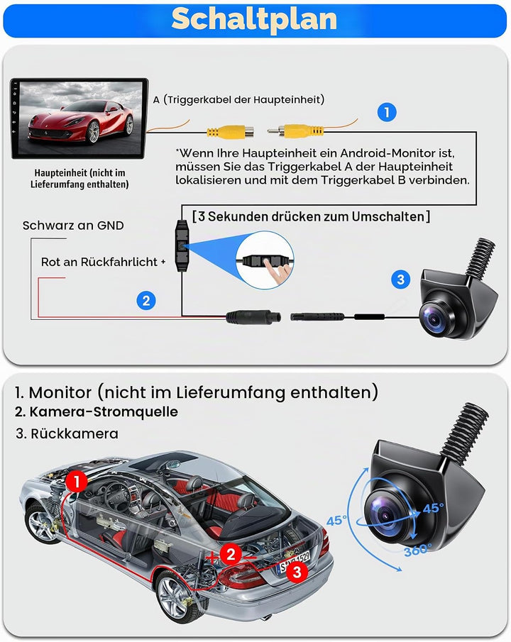 Rückfahrkamera AHD 1080P/AHD 720P/CVBS/PAL Rückfahrkamera Auto, 360° Drehbar Auto Rückfahr.kameras U