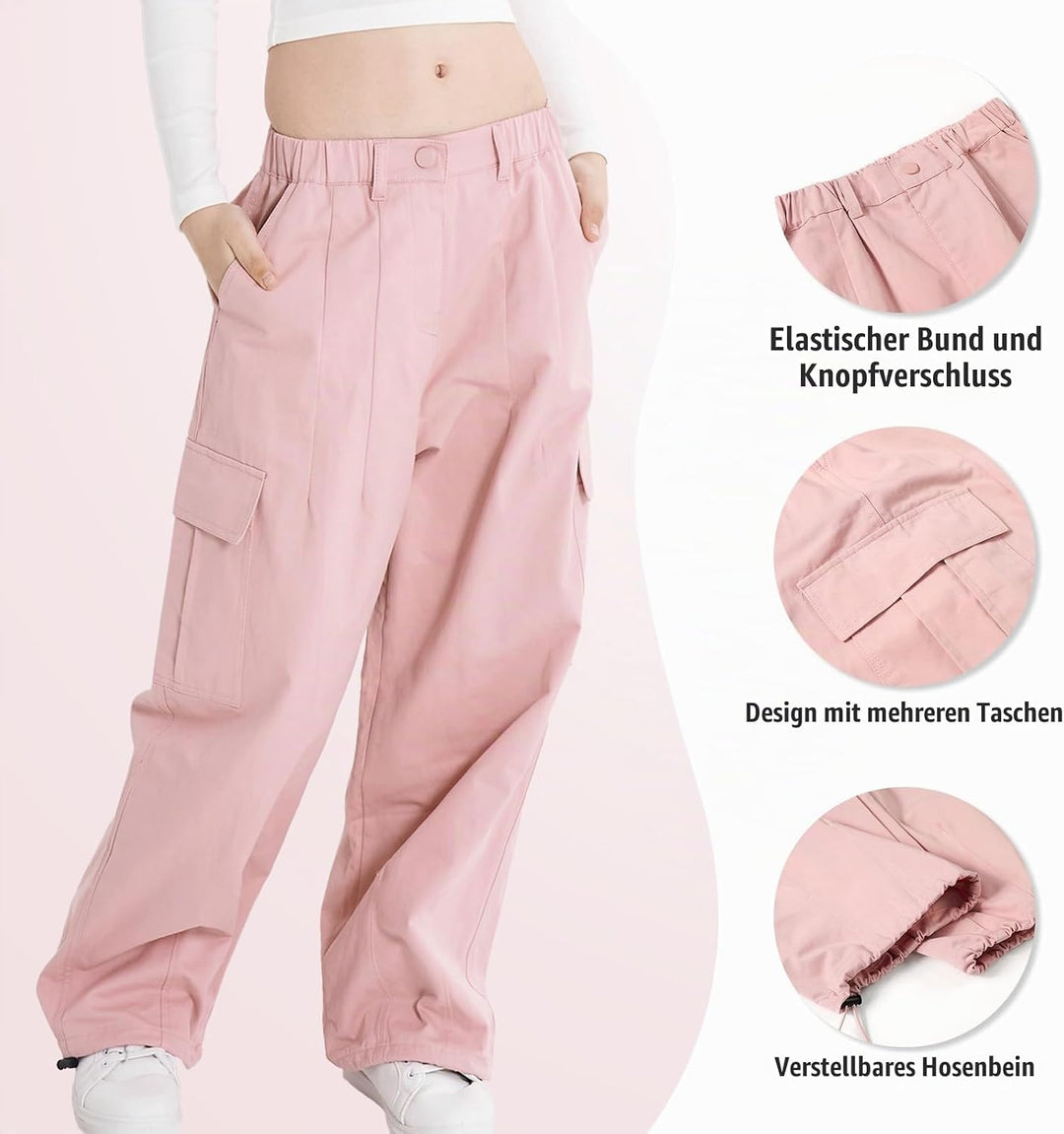 Rolanko Mädchen Cargohose, Baumwoll Baggy Hose mit Elastischer Taille und Mehreren Taschen für Kinde