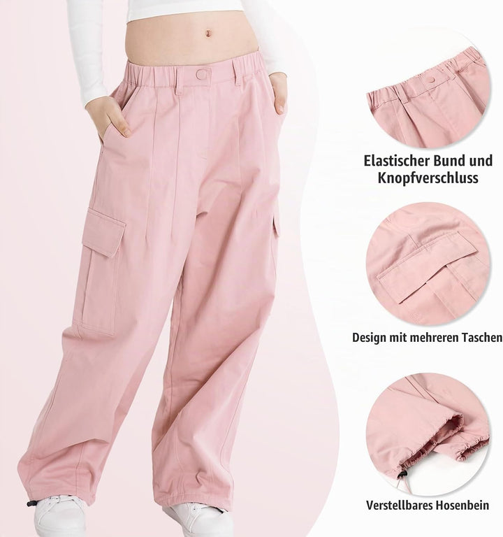 Rolanko Mädchen Cargohose, Baumwoll Baggy Hose mit Elastischer Taille und Mehreren Taschen für Kinde
