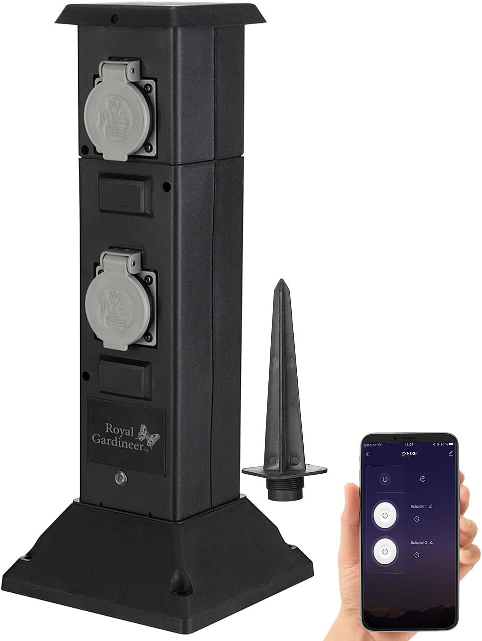 Royal Gardineer Stromverteiler Garten: 4-fach-WLAN-Outdoor-Steckdosen-Säule, App, Sprachsteuerung, 1
