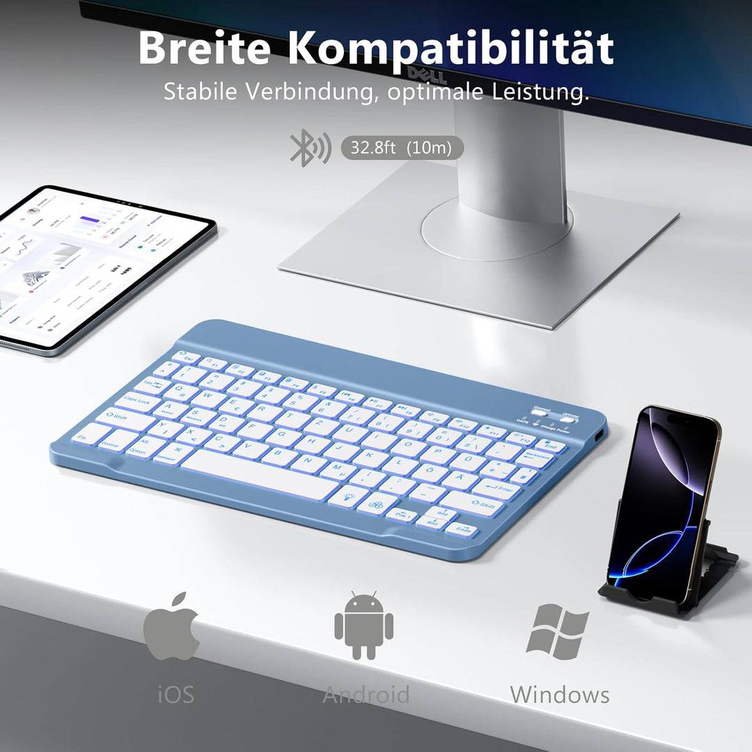 Vobafe Bluetooth Tastatur mit Telefonhalter für iOS/Android/Windows, Kabellose Tablet Tastatur für i