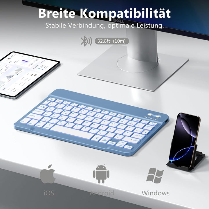 Vobafe Bluetooth Tastatur mit Telefonhalter für iOS/Android/Windows, Kabellose Tablet Tastatur für i
