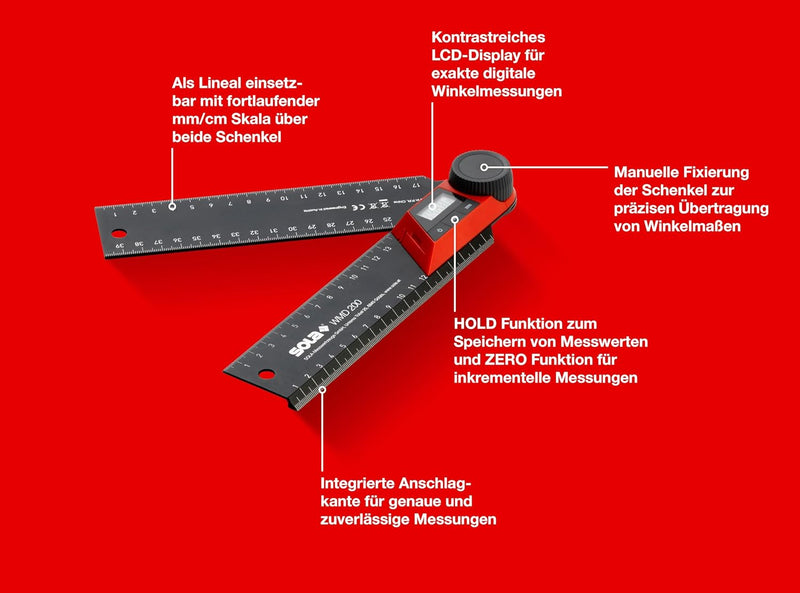 SOLA WMD - Digitaler Winkelmesser - Länge 200/500 mm - Anschlagwinkel mit LCD-Anzeige für exakte Win