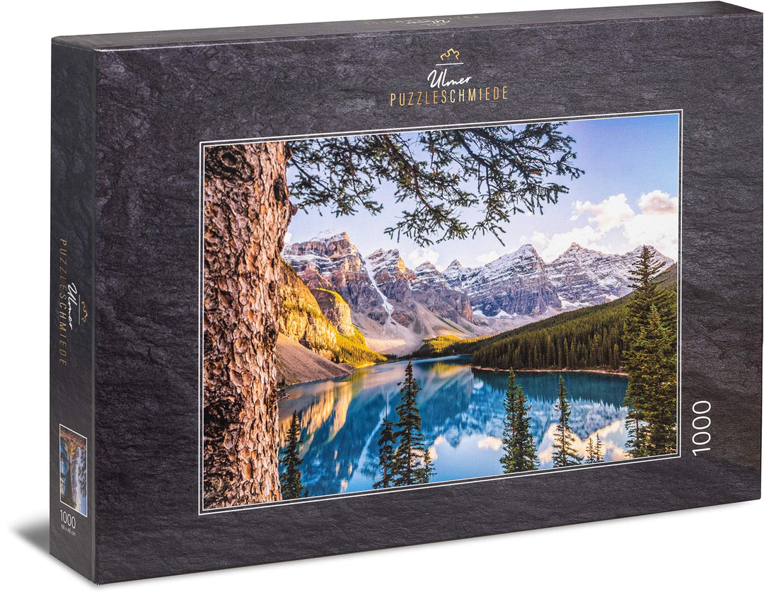 Ulmer Puzzleschmiede - Nordamerika-Puzzle „Moraine Lake“ – Klassisches 1000 Teile Puzzle – Puzzlemot