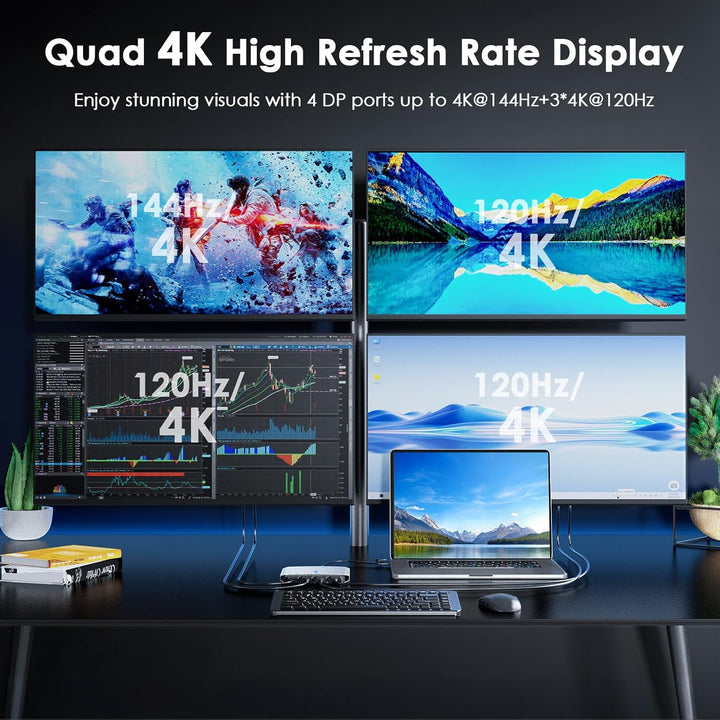 WAVLINK USB 3.0 or USB C to Quad Displayport Splitter Extended Display for Four Monitor with 85W PD,