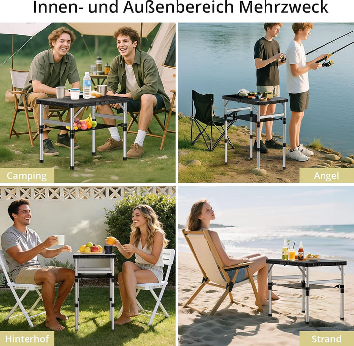 Anbte Campingtisch Klappbar 58x40cm Aluminium-Rahmen & Kunststoff-Tischplatte mit 3 Höhen Verstellba