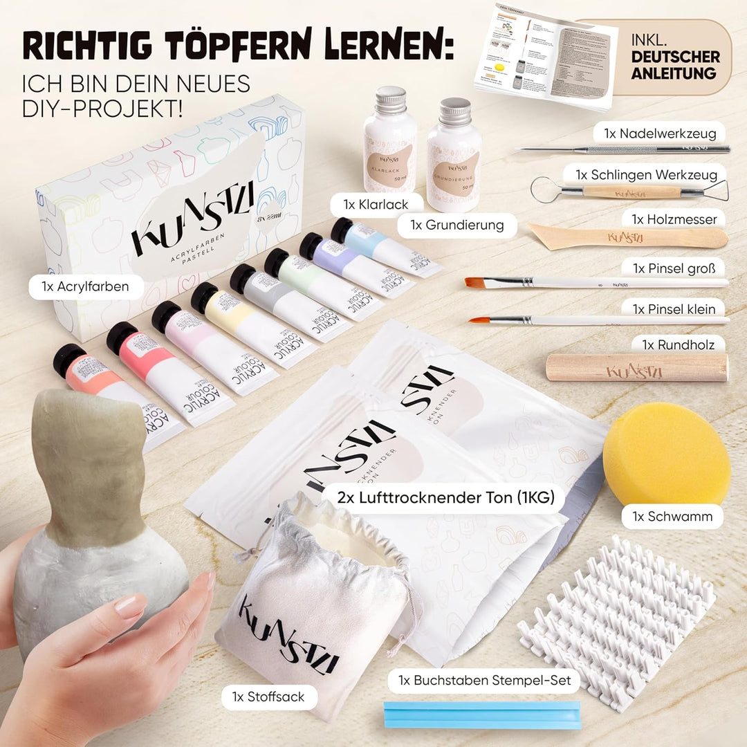 kunstli DIY Töpferset für zuhause - Starterset für Kinder und Erwachsene - Ton Set kreativ töpfern -