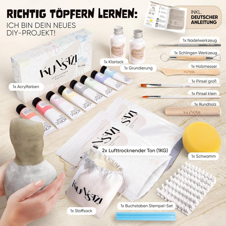 kunstli DIY Töpferset für zuhause - Starterset für Kinder und Erwachsene - Ton Set kreativ töpfern -