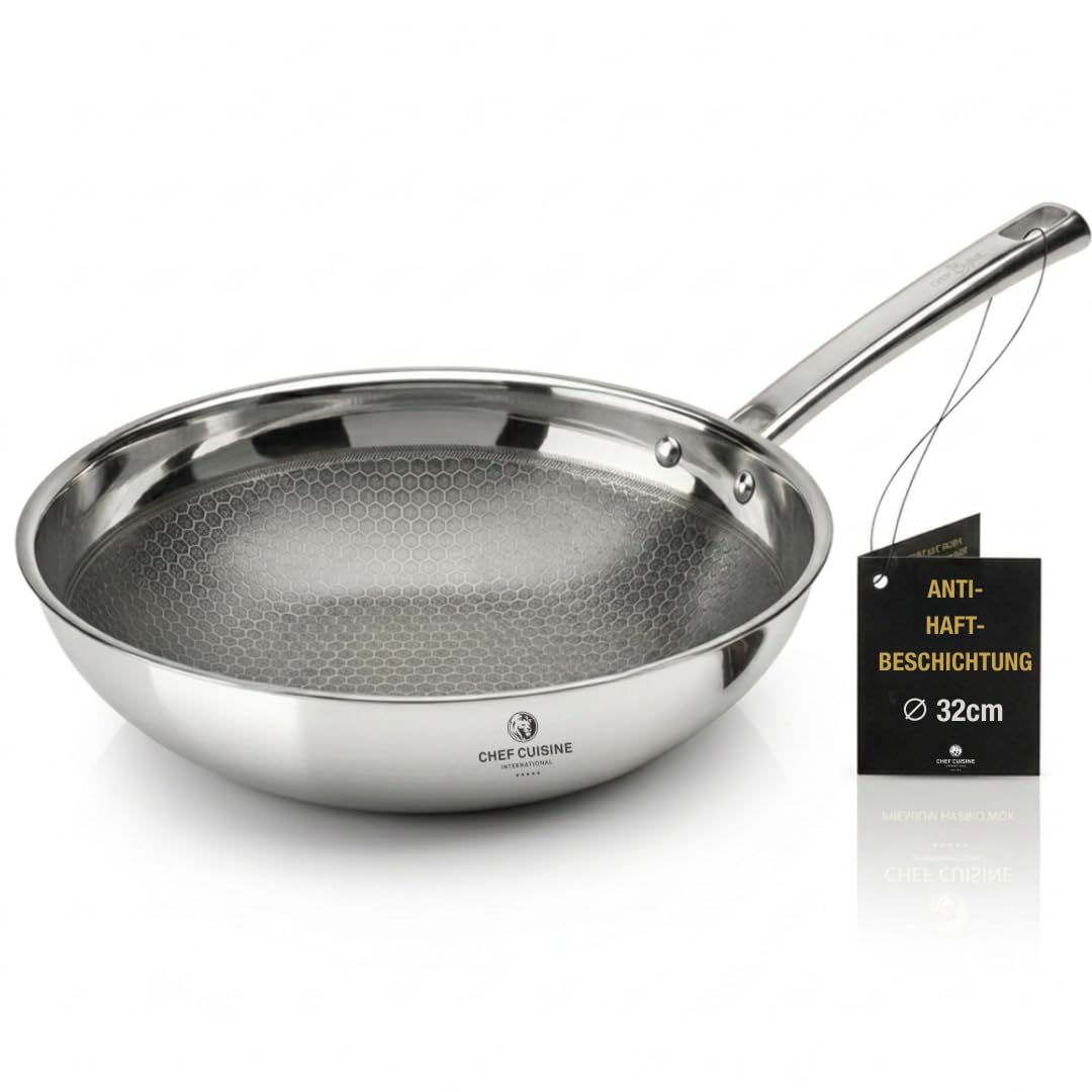 CHEF CUISINE Wokpfanne 32cm Edelstahl mit Antihaft Honeycomb Beschichtung – Wok mit kratzfester Wabe