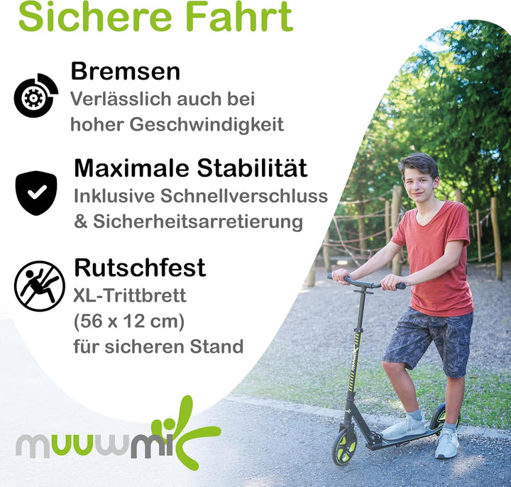 muuwmi Aluminium Scooter Pro – Tretroller, 215 mm, ABEC 7, für Kinder und Erwachsene, GS-geprüft, hö