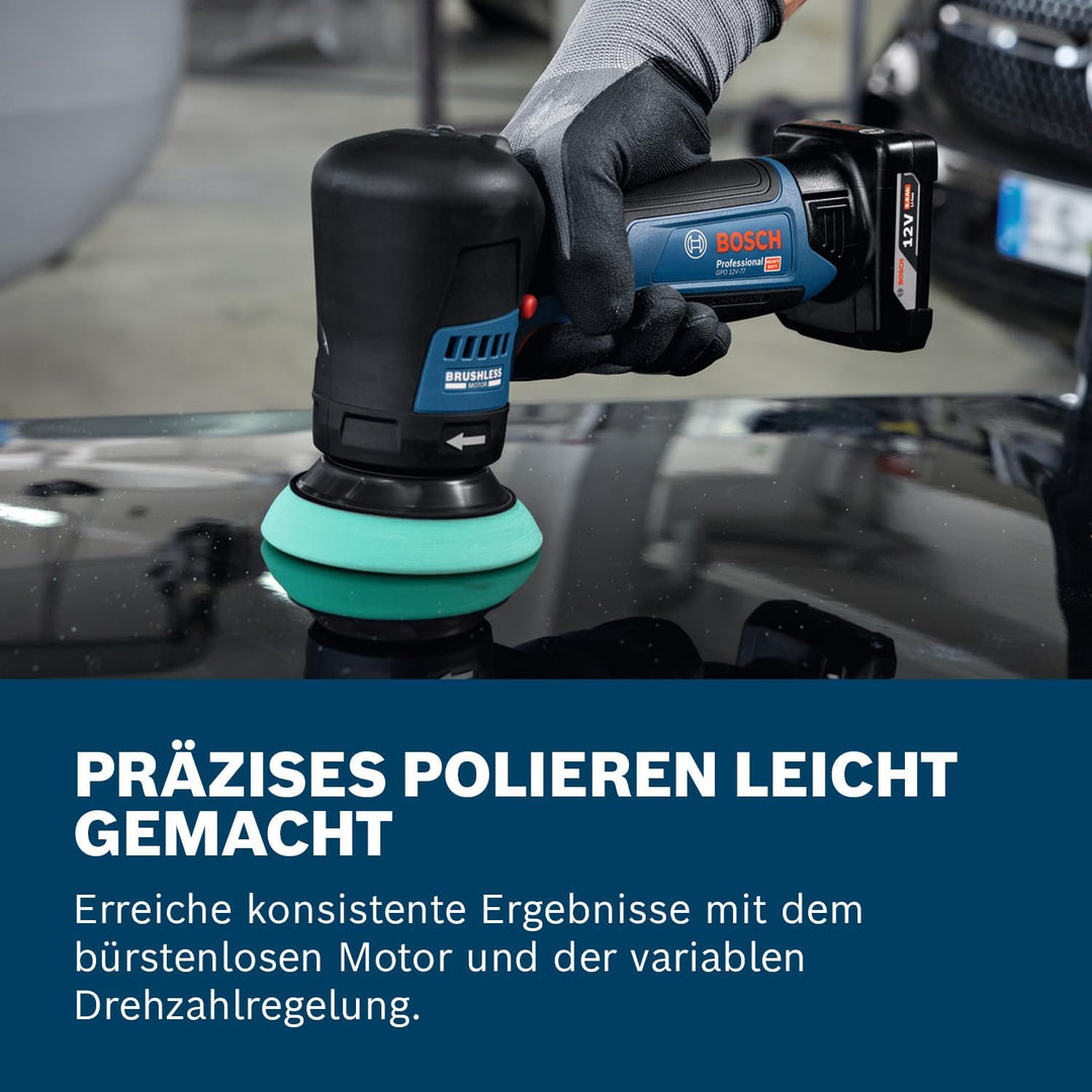 Bosch Professional 12V System Akku-Polierer GPO 12V-77 (inkl. montiertem 77 mm Klett-Stützteller, 77