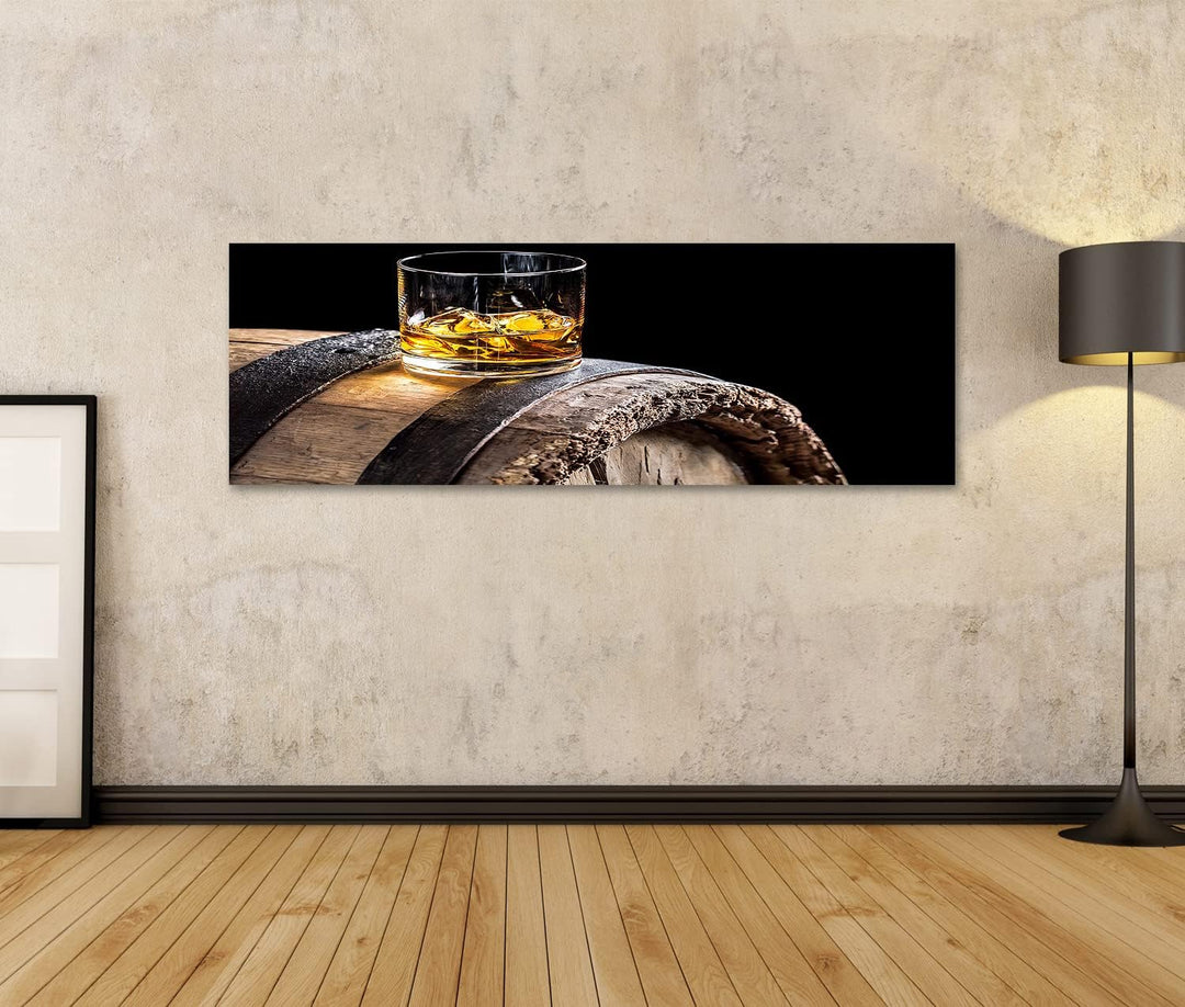 islandburner Bild auf Leinwand Glas Whisky Mit EIS Auf Alten Eichenfass Bilder Wandbilder Poster Lei