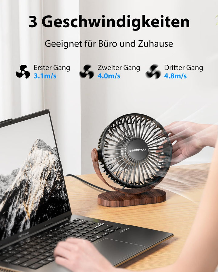SWEETFULL USB Ventilator, Mini Ventilator Klein Tischventilator Leise, 3 Geschwindigkeiten Desk Fan,