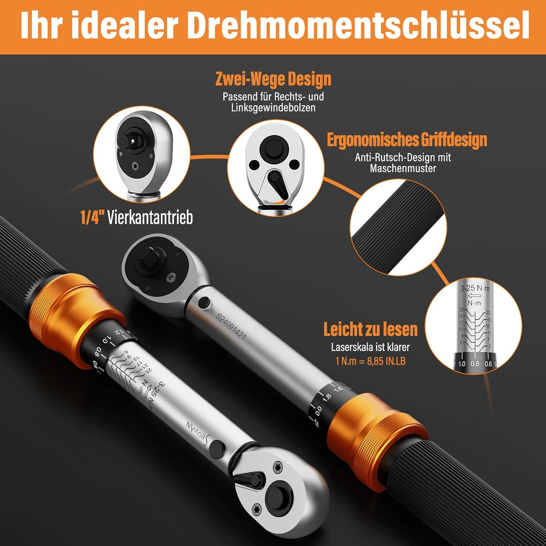 13TLG Klein Drehmomentschlüssel Fahrrad 1-25NM, 1/4 Zoll Torque Wrench Set, 72 Zähne Umschaltknarre,