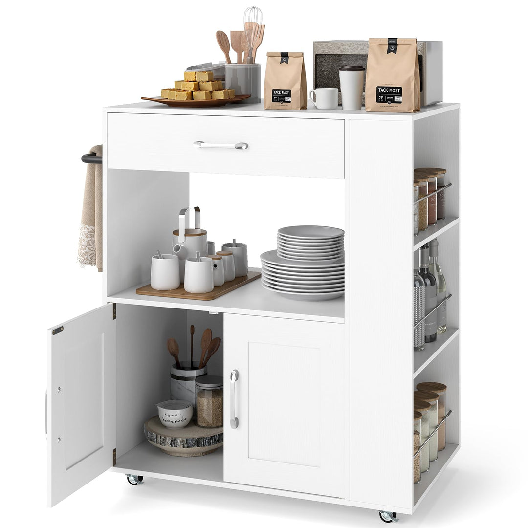 GOPLUS Küchenwagen, Servierwagen mit Schublade, Zweitüriger Schrank, Dreistufiges Gewürzregal, Wasse