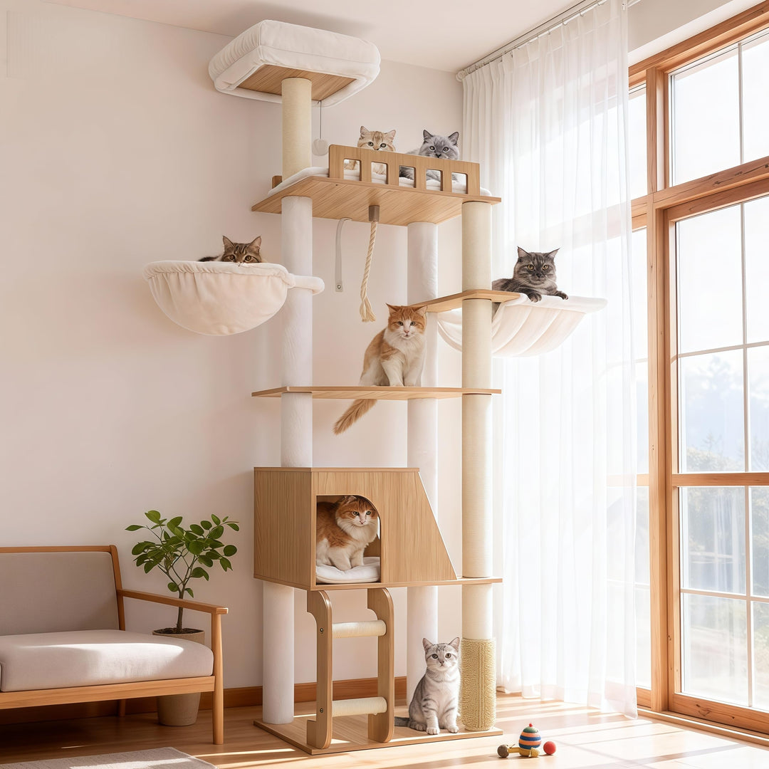 Hey-brother Holz Kratzbaum, 184cm Katzenbaum für Grosskatze, mehrstöckiger Stabil Katzenkratzbaum Mi