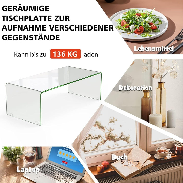 COSTWAY Couchtisch aus gehärtetem Glas, U-förmiger Beistelltisch, Moderner Glastisch, Wohnzimmertisc
