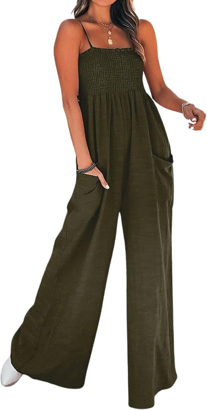 CUPSHE Damen Jumpsuit Square Neck Ärmellos Weites bein Sommer Lang Overall Romper Gesmokter Spaghett