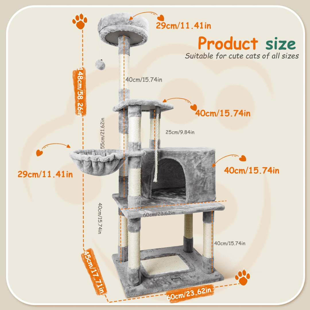 Nobleza Katzenbaum Kratzbaum Gross 148cm, Kletterturm mit 9 Sisal Säulen, 2 Plattformen, Hängematte