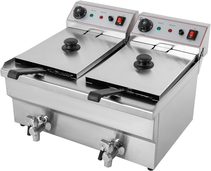 Elektrische Friteuse Gewerbliche, 6000W Küchenbratmaschine 2 * 10 L Körben, Einstellbare Temperatur