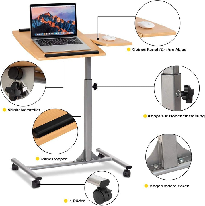COSTWAY Laptoptisch höhenverstellbar und neigungsverstellbar, Pflegetisch mit Rollen, Notebooktisch