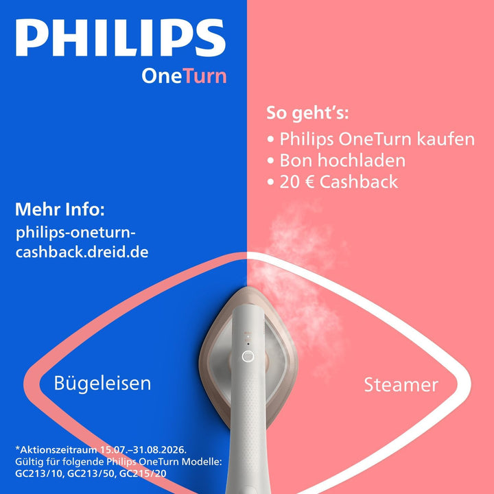 Philips OneTurn, 2-in-1 Bügeleisen & Steamer mit drehbarem Kopf, Einfach losbügeln – kein Brett, 45