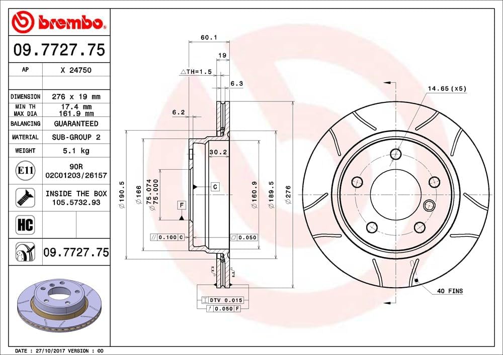 Brembo 09.7727.75 Hintere Bremsscheibe, Anzahl 2