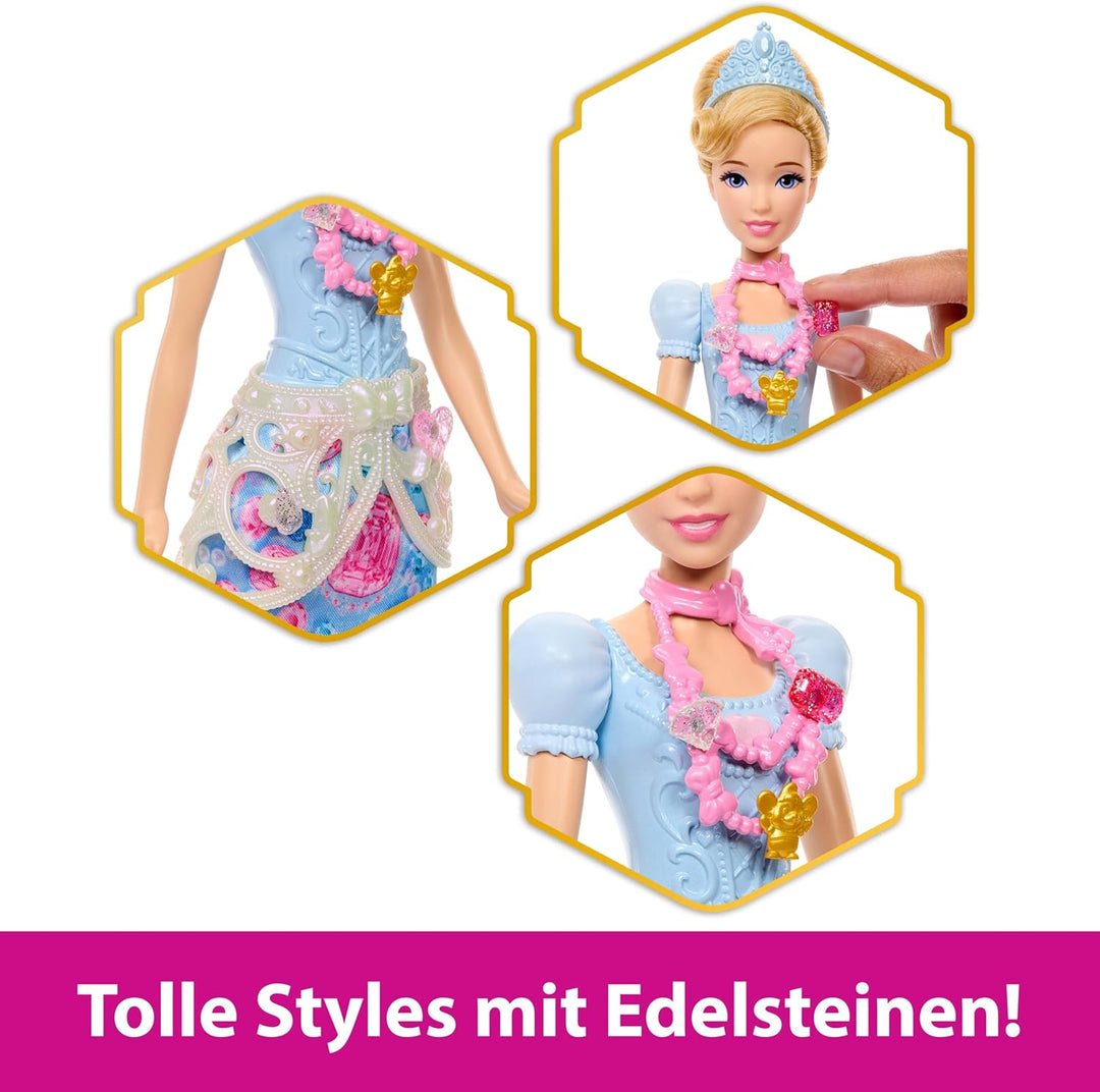 Mattel Disney Princess Cinderella Modepuppe und Zubehörteile mit 8 Überraschungen, darunter herzförm