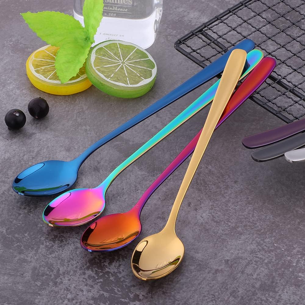 YDware Bunt Lange Latte Macchiato Löffel Set, 20cm - Lange Löffel für Eislöffel & Cocktails 304 Edel