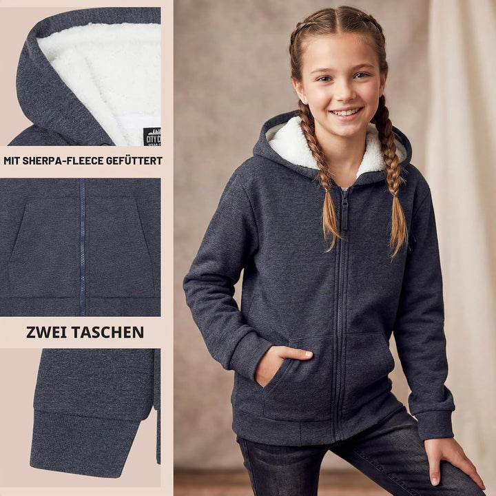CityComfort Pullover Mädchen mit Fleece-Futter und Kapuze, Fleecejacke Kinder Mädchen Zipper Hoodie