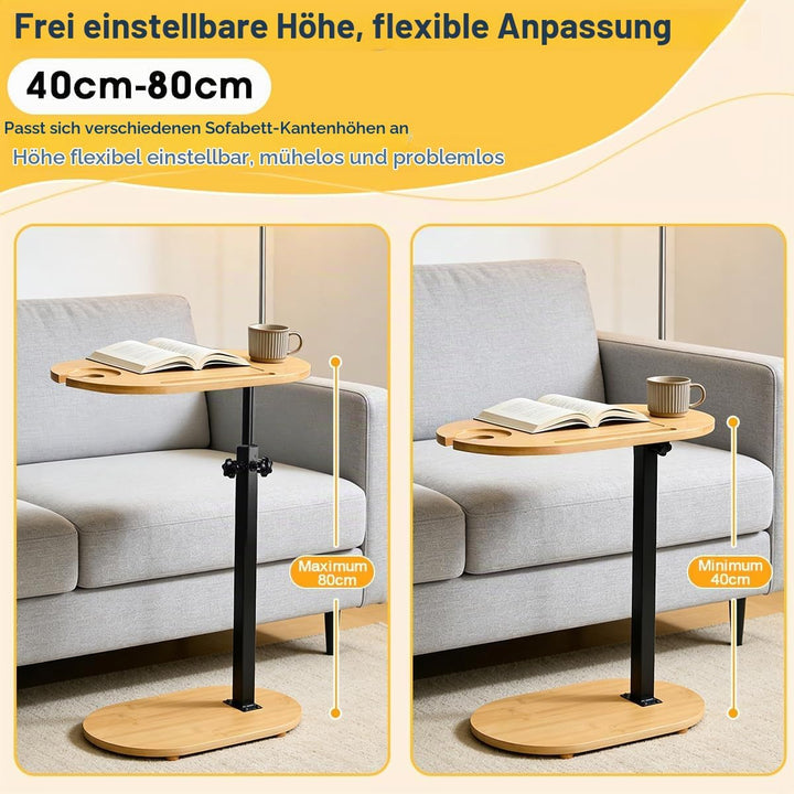 Beistelltisch C Form Höhenverstellbar 40-80cm Kleiner Couchtisch 360°Rotierend Bambus Mobiler Kaffee