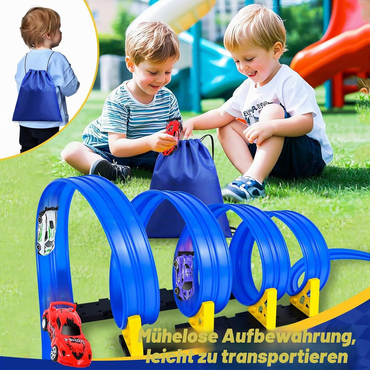 HERMORRYSS Rennbahn für Kinder, 5 Meter Autorennbahn Rennstrecke mit 6 Fahrzeuge und Rampe, Geschwin