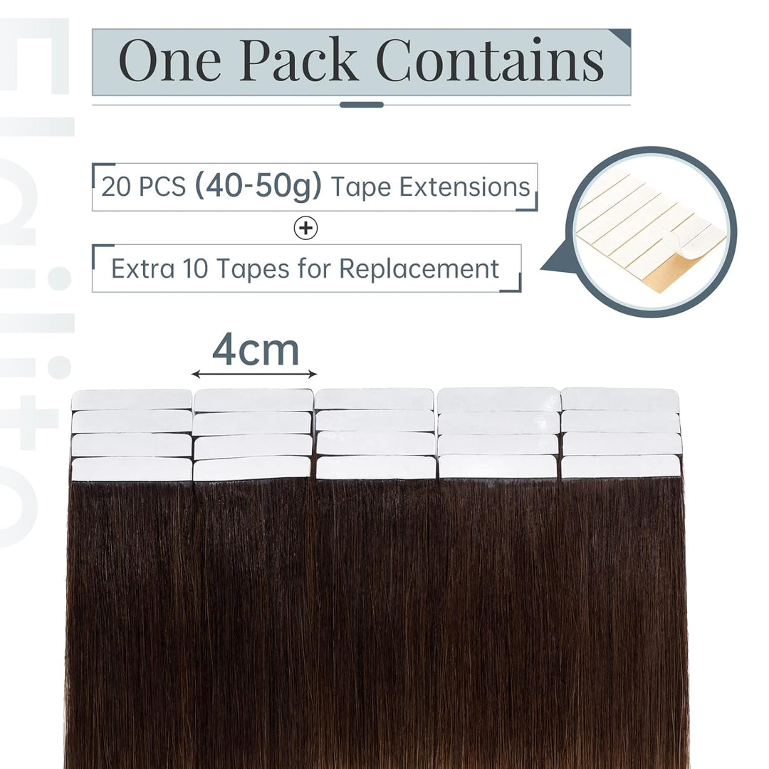 Elailite Echthaar Extensions Tape in 40g #4T27 Mittel braun Ombre Dunkelblond, 20 Stück/Packung Real