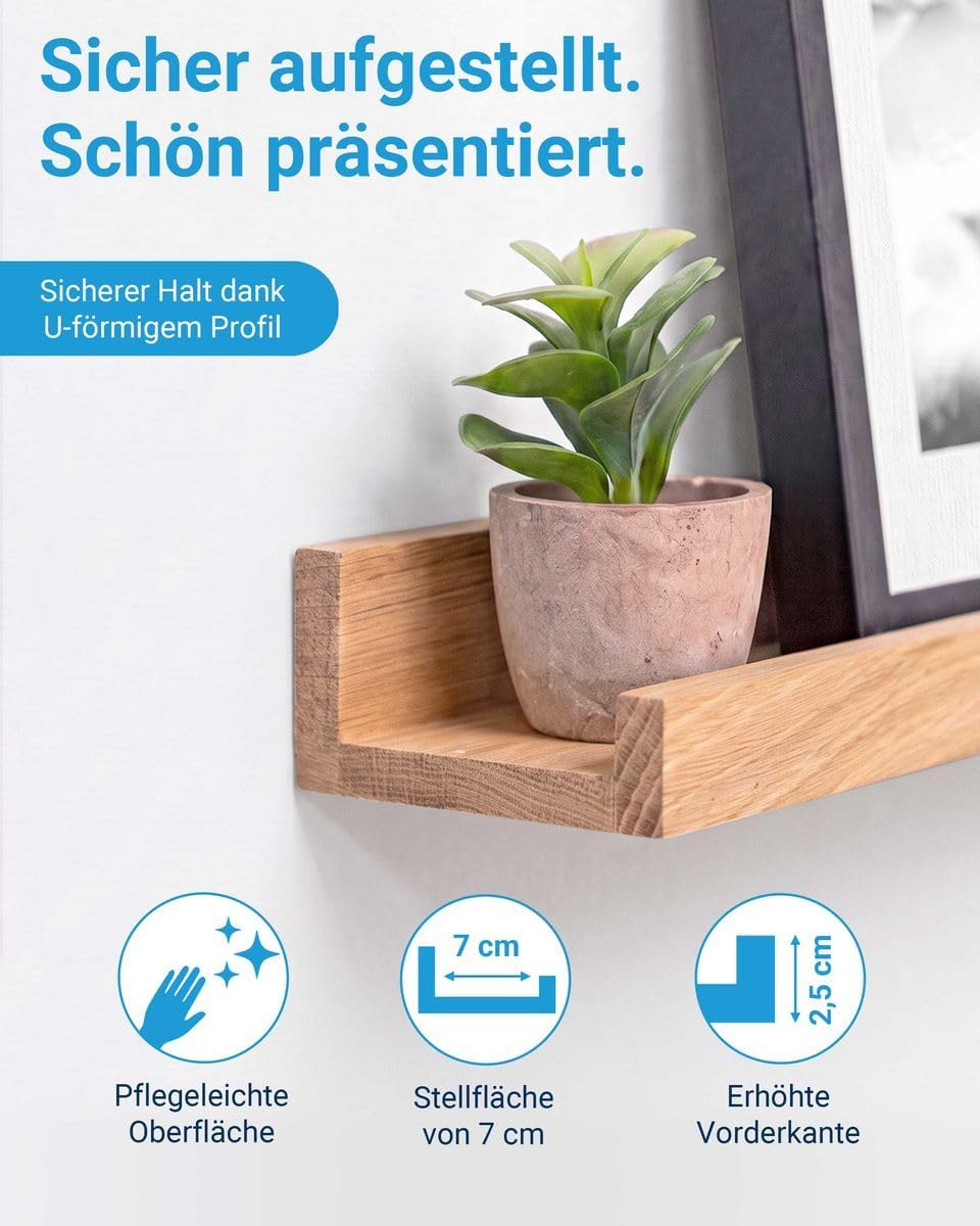 PHOTOLINI Wandregal Eiche Massivholz 70 cm, Schweberegal, 2er Set, modernes Design, Bilderleiste für
