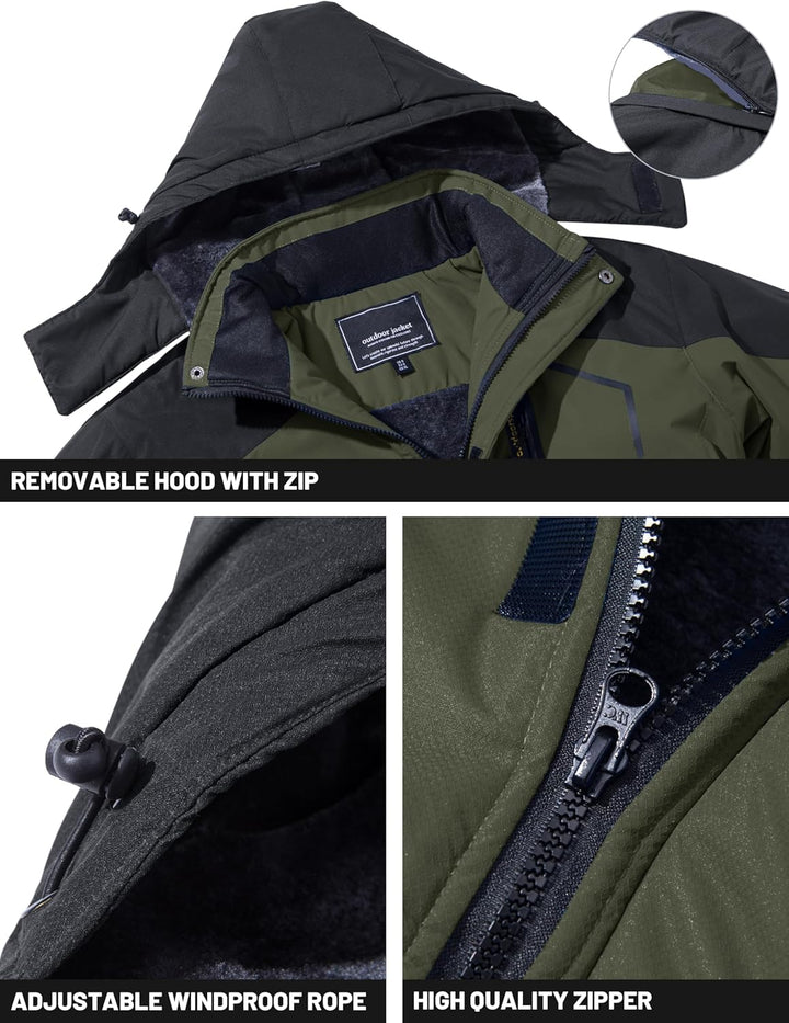 TACVASEN Herren Winter Wasserdichte Winddichte Winterjacke Warme Fleece-Futter Ski Regenmantel mit K