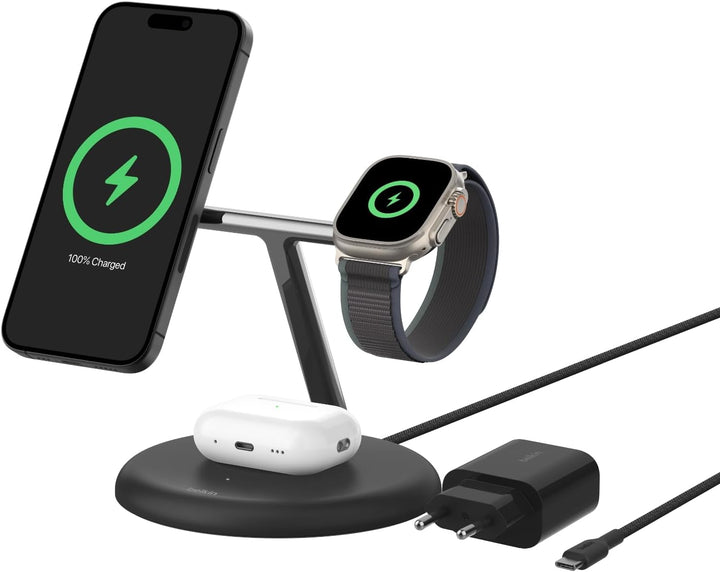 Belkin BoostCharge Pro Kabellose 3-in-1-Ladestation mit Qi2, 15W, MagSafe Kompatibel, Ladegerät Indu