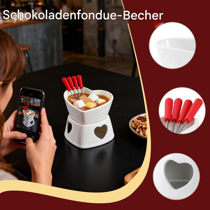 Schokofondue Tasse, Keramik Fondueset, Becher Zum Schmelzen Von Schokolade Mit 4 Gabel, Schoko Fondu