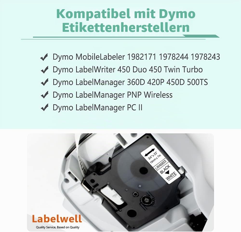 3x Labelwell 19mm Kompatibler Schriftband Ersatz für DYMO D1 45803 S0720830 Schwarz auf Weiss für Dy