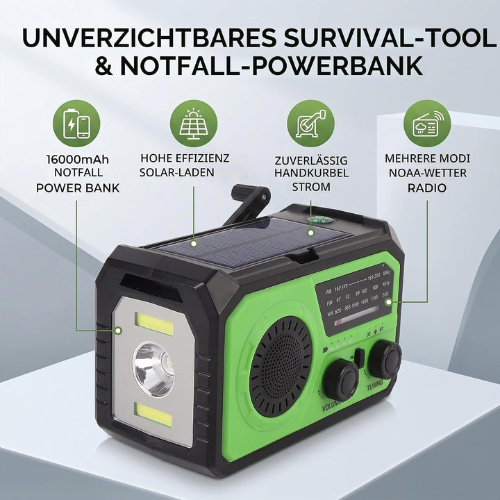 Notfall-Kurbelwetter-Radio mit 16.000 MAh-Akku, 3 Ladeoptionen, Solarradio mit Kompass, Taschenlampe
