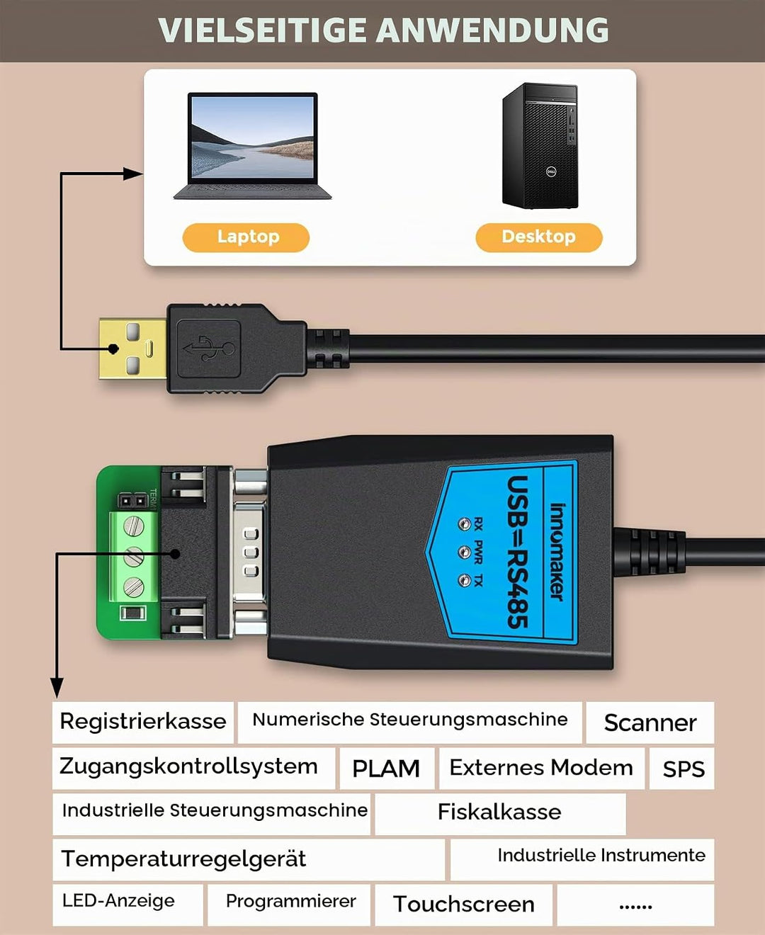 Industrieller USB 2.0 auf RS485 Konverter-Adapter basierend auf FTDI FT230 Chip, eingebauter ESD-Sch