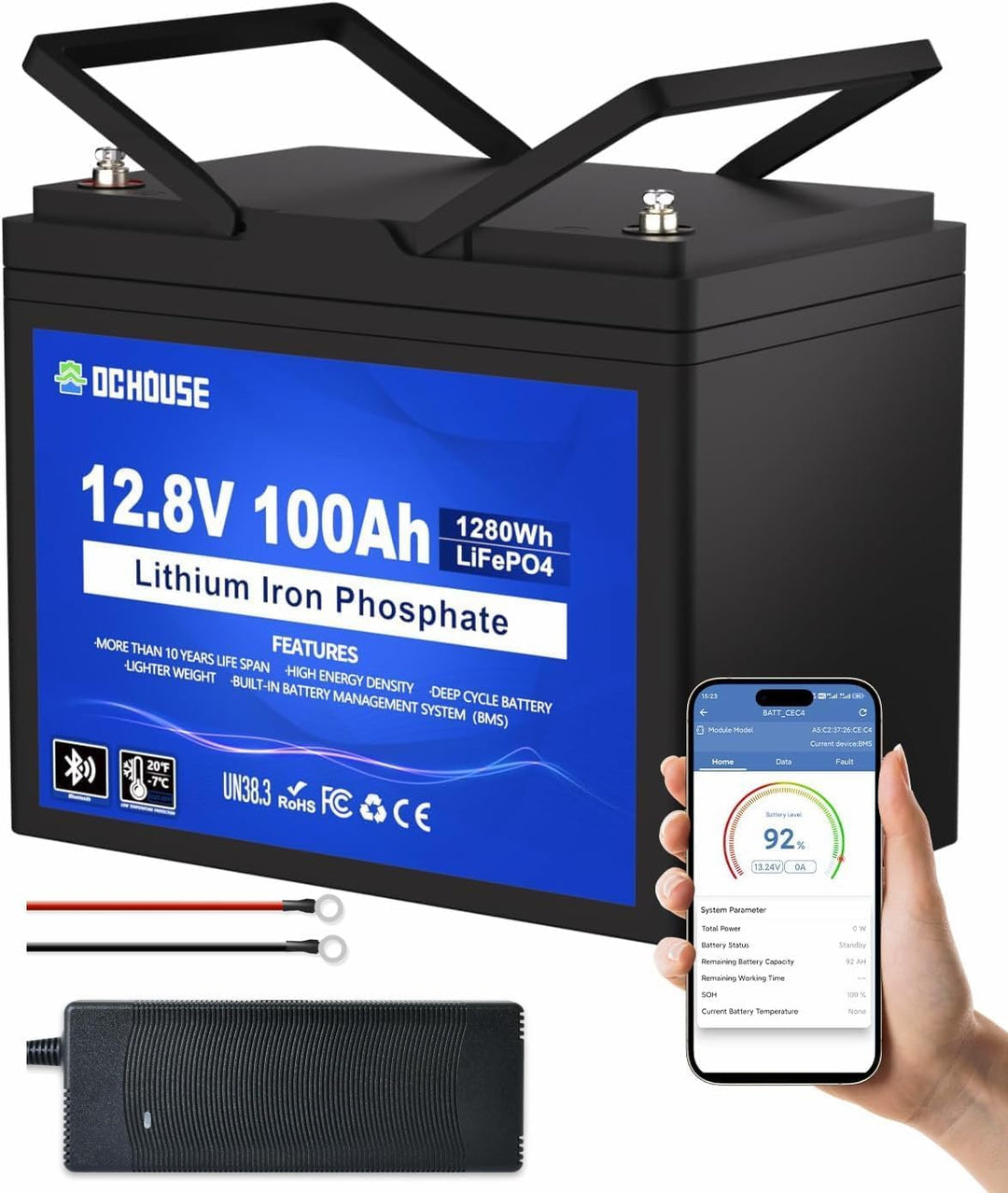 DCHOUSE 12V 100Ah LiFePO4 Batterie mit 10A Batterie Ladegeräte, Verbessertes 100A BMS, Bis zu 15000
