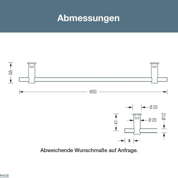 PHOS Design, HS20-55-600, Handtuchstange mit verdeckter Wandverschraubung, Edelstahl matt gebürstet,