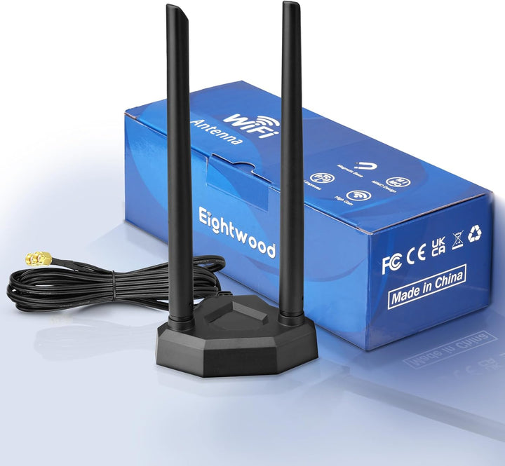 Eightwood Dualband-WLAN-Antenne, 2.4 GHz, 5 GHz, RP-SMA, WLAN-Antenne, magnetischer Sockel, 2 m, Ver