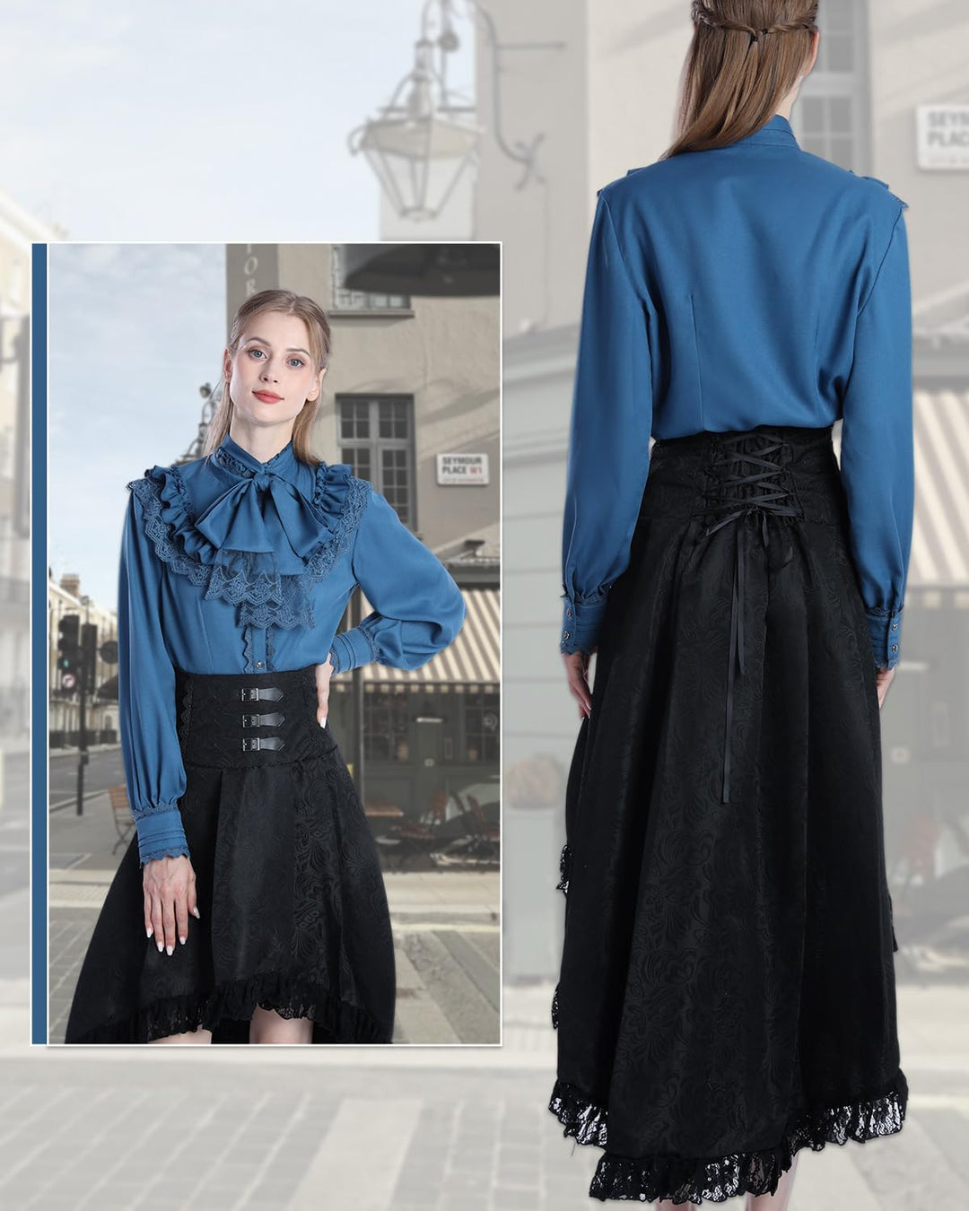 CR ROLECOS Viktorianische Bluse Damen Stehkragen Damen Mittelalter Rüschenbluse Vintage Bluse Blau M