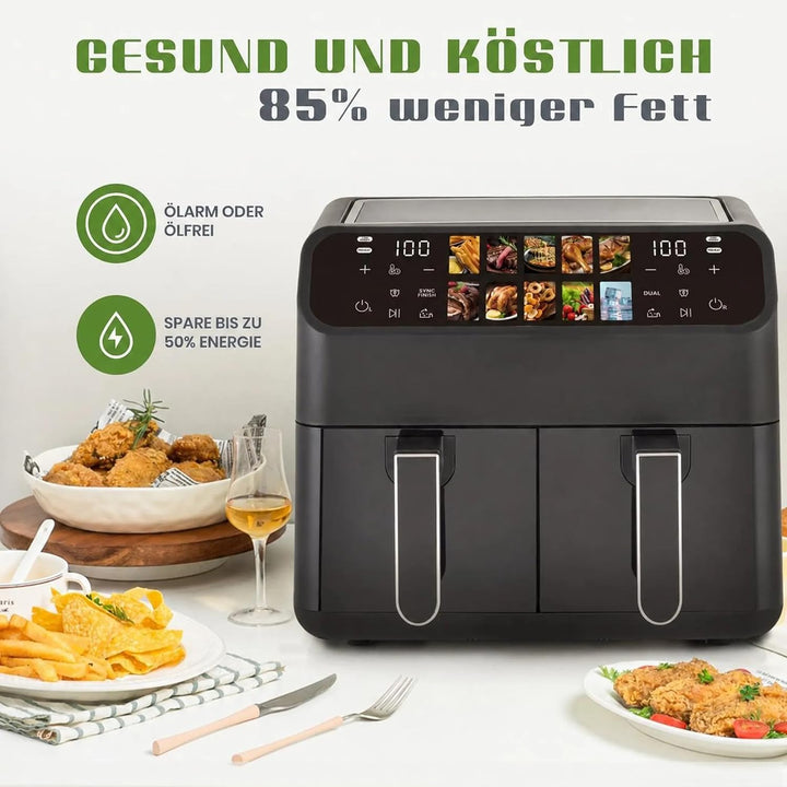 Heissluftfritteuse 9L XXL Dual 2000W, Airfryer mit 2 Kammern, Sichtfenster, Farb-Touchscreen, 10 Pro