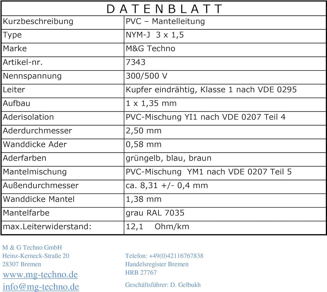 M&G Techno Mantelleitung Elektro Strom Kabel Kupfer eindrähtig, 7343, Grau, NYM-J 3x1,5 mm²-50m 50m