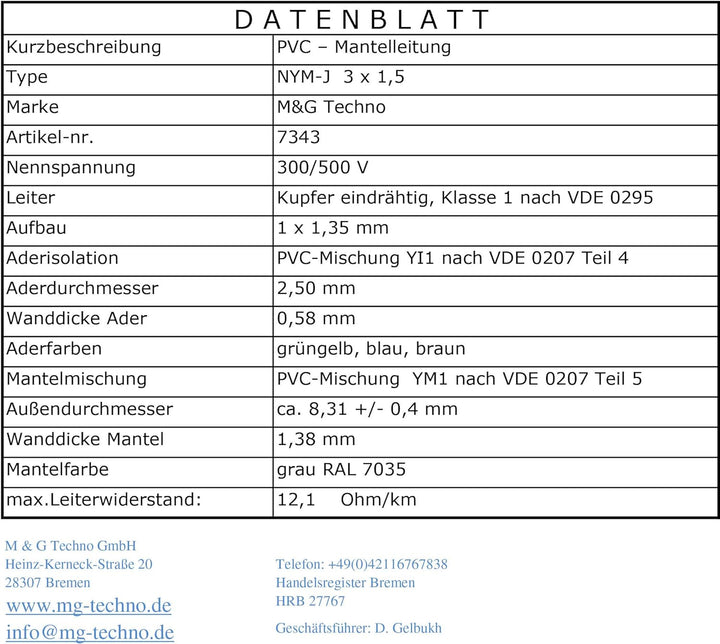 M&G Techno Mantelleitung Elektro Strom Kabel Kupfer eindrähtig, 7343, Grau, NYM-J 3x1,5 mm²-50m 50m