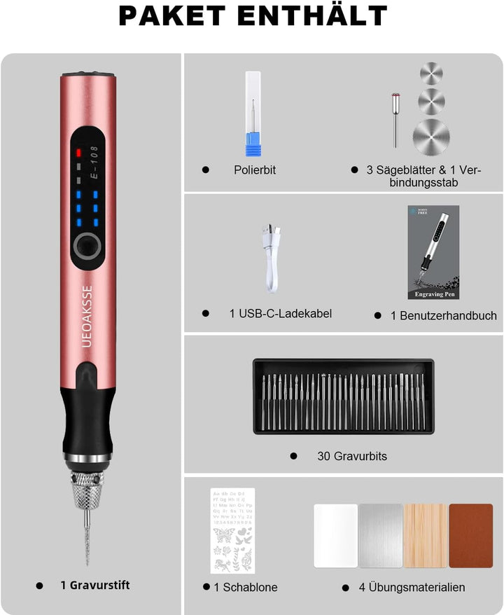 bolígrafo de grabado – 3 velocidades, batería recargable rápida e inalámbrica, 60+ accesorios, mini