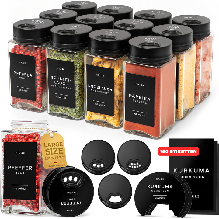 EDELHAUS Gewürzgläser Eckig Set mit Schwarzem Verstellbarerem Deckel (12 x 200 ml) Gewürzstreuer mit