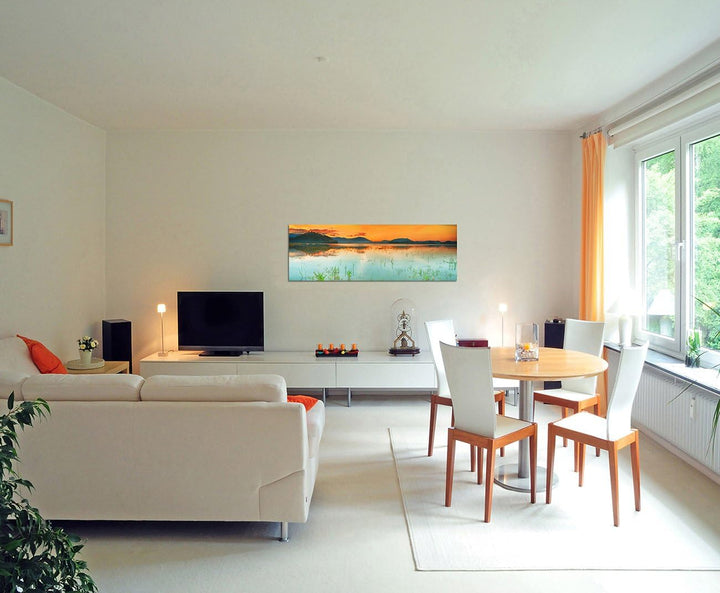 Paul Sinus Art Panoramabild auf Leinwand und Keilrahmen 150x50cm See Berge Sonnenaufgang Landschaft